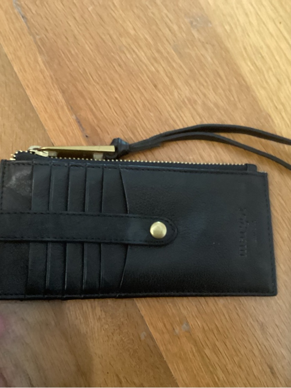 margot Black Leather Cardholder with Gold Accent. Wristlet.